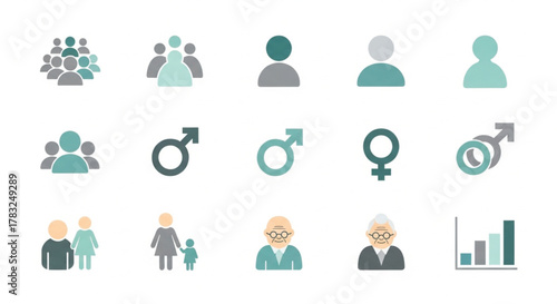 This is a comprehensive collection of flat-style icons representing demographics, population, and gender statistics. Symbols include groups of people, individual avatars, male and female gender signs.