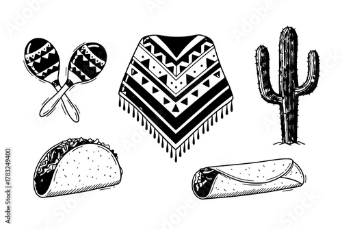 Mexico doodle set. Elements of mexican culture: maracas, poncho, cactus, taco, burrito in sketch style. Hand drawn vector illustration isolated on white background 