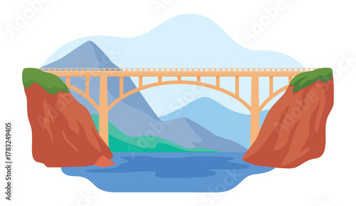 Vector illustration of a road bridge over a river surrounded by mountains and rocky cliffs