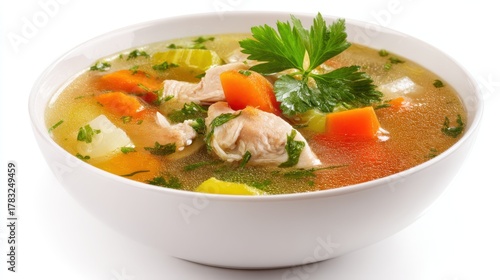 Homemade chicken soup with fresh vegetables in white bowl
