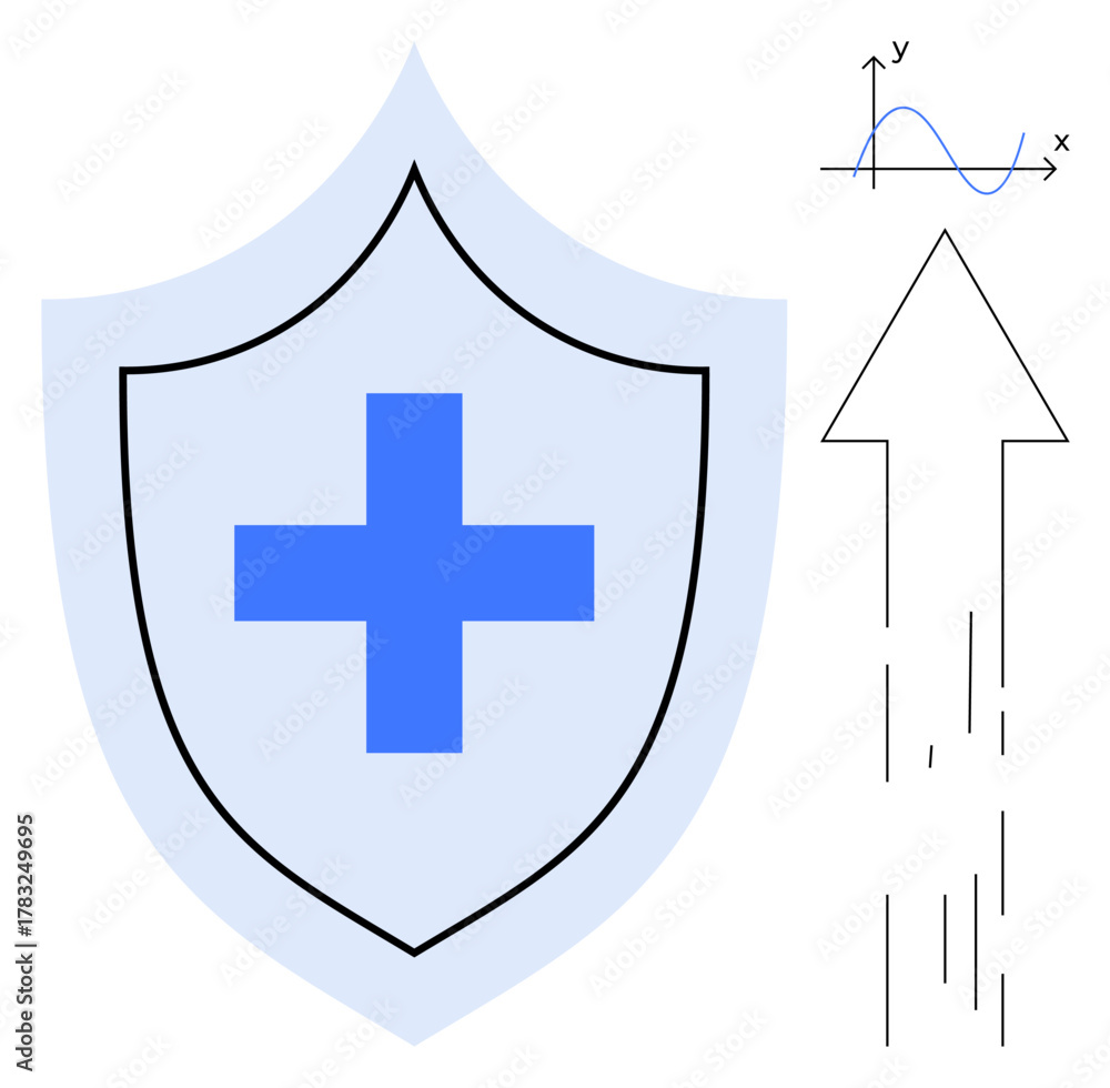 Fototapeta premium Blue medical shield with cross, dynamic growth arrow, and analytical graph. Ideal for healthcare, safety, progress, protection, data analysis innovation achievement. Simple flat metaphor