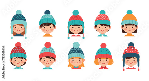 Smiling cartoon kids sporting colorful knit winter hats with pom-poms, a cheerful and diverse collection.