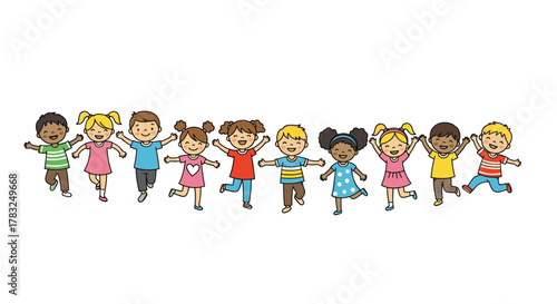 A cheerful group of diverse children happily runs and jumps together in a vibrant display of friendship and joy.