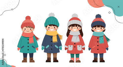 Four happy young children wearing colorful warm winter clothes, including hats, scarves, and coats, stand cheerfully against a bright background.