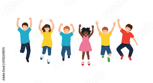 Six diverse, happy children of different ethnicities are jumping together with raised arms and smiles, celebrating joy and friendship.