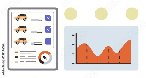 Data dashboard displaying vehicle checklist, toggles, pie chart, and analytics graph. Ideal for auto industry, efficiency, business insights, research, management data tracking simple flat metaphor