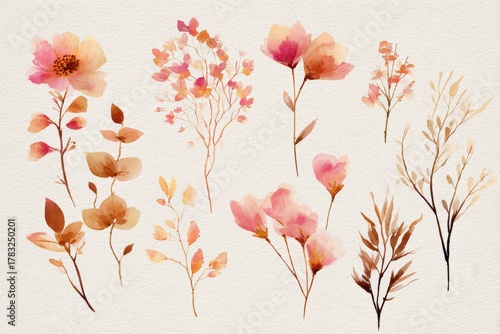 Elegant watercolor floral illustrations in soft pink and peach hues with delicate branches and leaves, set against a light textured background for a fresh and refined aesthetic