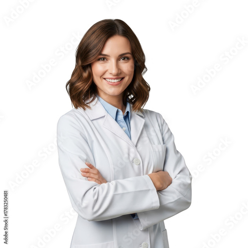 Smiling female doctor in white lab coat with arms crossed isolated on transparent background