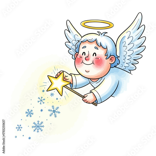 Enchanting Starry Moment: An angelic figure with radiant wings, a gentle halo, and a cheerful expression conjures snowflakes, evoking a sense of wonder and magical charm.