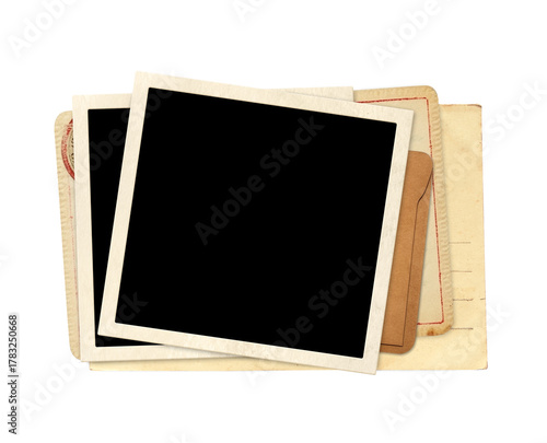 Two retro photo, vintage envelope and cards. Old card, blank photo. Isolated on white. Nostalgic scrapbooking mockup template is perfect way to express creativity and evoke a sense of warm memories