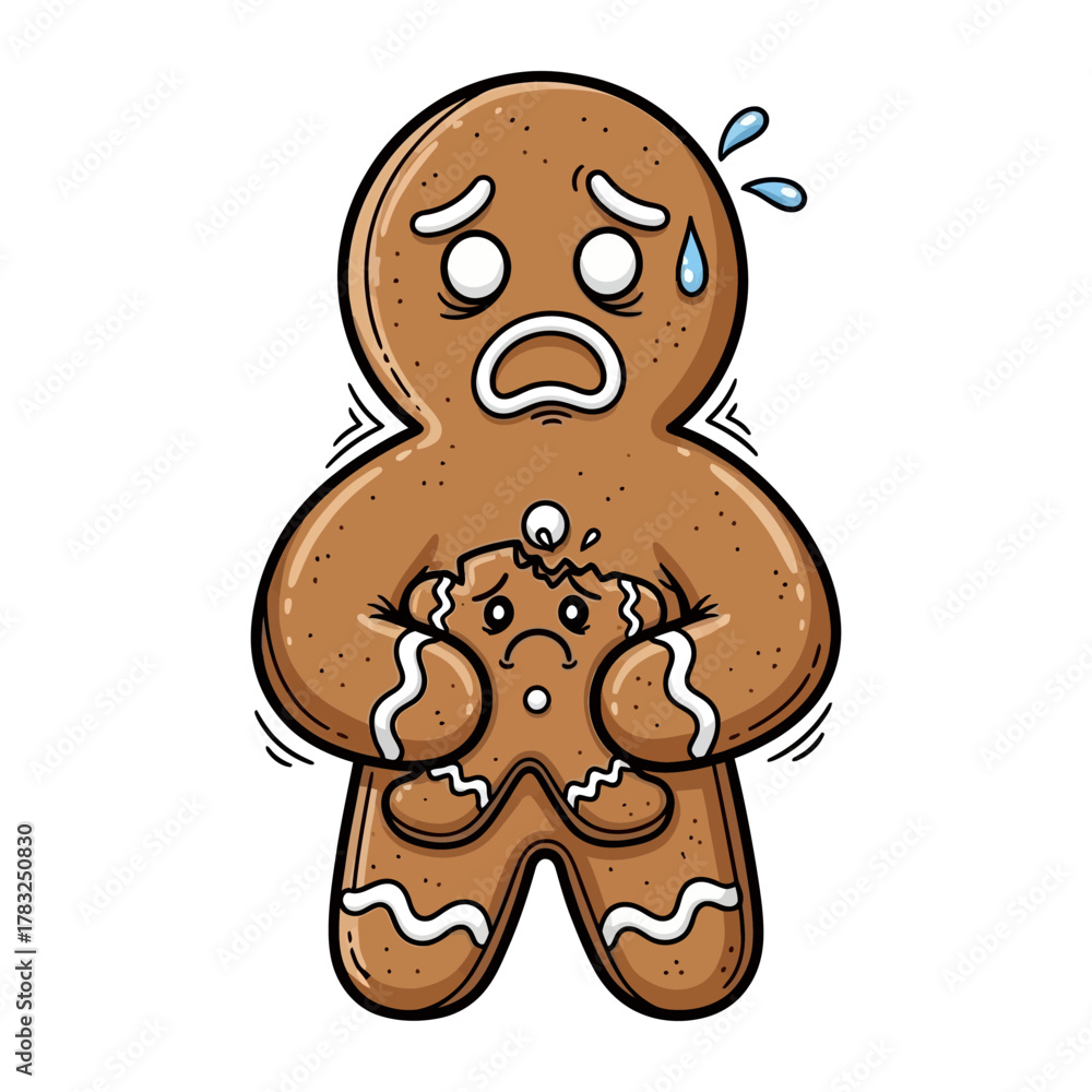 Fototapeta premium Gingerbread Crisis: A whimsical and slightly unsettling illustration captures a gingerbread man experiencing a moment of existential dread as a piece of himself crumbles away.