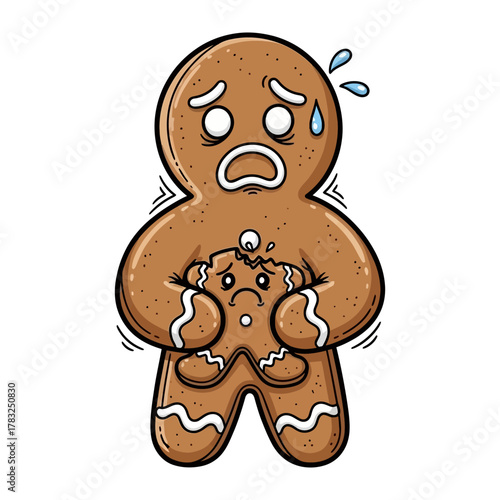 Gingerbread Crisis: A whimsical and slightly unsettling illustration captures a gingerbread man experiencing a moment of existential dread as a piece of himself crumbles away.