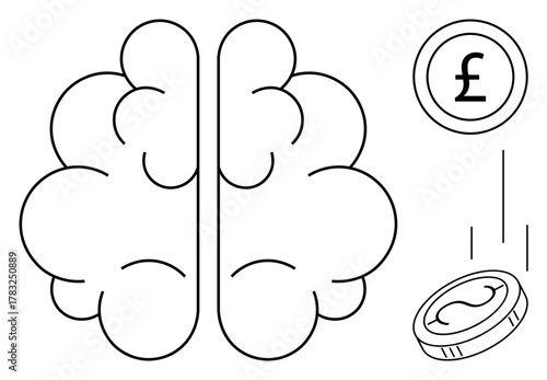 Brain illustration paired with pound coin emphasizes mental strategy and financial reward. Ideal for finance, investment, knowledge, decision-making, education, creativity, inspiration. Simple flat