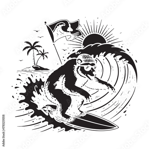 Cool Monkey Surfer Riding Ocean Wave Vintage Beach Illustration.