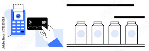 Hand holding contactless payment card near POS terminal with receipt, alongside shelf with milk cartons. Ideal for retail, cashless payment, shopping, grocery, e-commerce, technology, transaction
