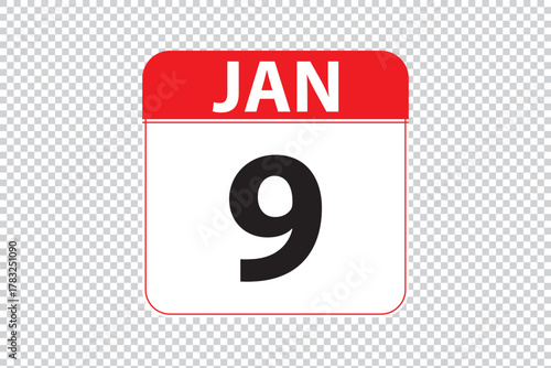 January 9 dates calendar icon.  simple and modern calendar icon on white background.