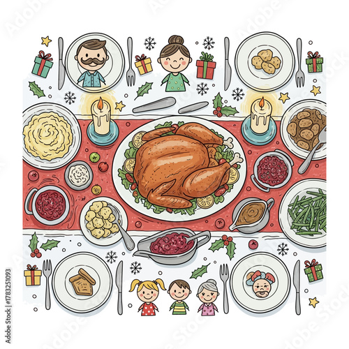 Festive Gathering: A delightful illustration captures the essence of a traditional family gathering around a table laden with a delicious roasted turkey and an array of festive treats.