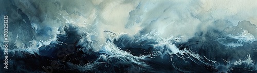 An abstract watercolor expression of a tumultuous storm raging over a rugged coastline  ,watercolor