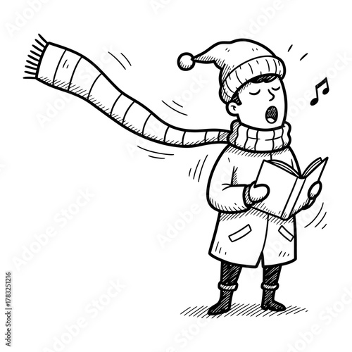 Winter Caroler: A charming illustration of a bundled-up individual singing from a songbook on a chilly winter day. A musical note floats in the air, depicting the song's melody.