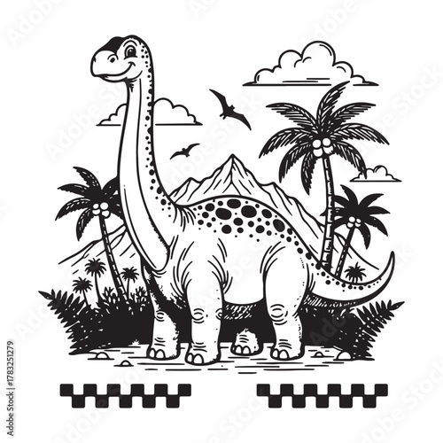 Cute Cartoon Brontosaurus Dinosaur Prehistoric Landscape Illustration.