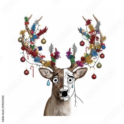 Festive Deer: A unique deer with half of face in a illustration and decorated with christmas decoration on antlers, reflecting on the essence of Christmas holiday.