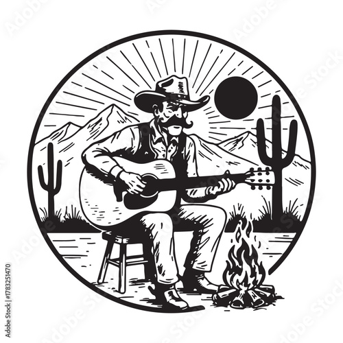 Vintage Cowboy Playing Guitar Desert Campfire Sunset Illustration.