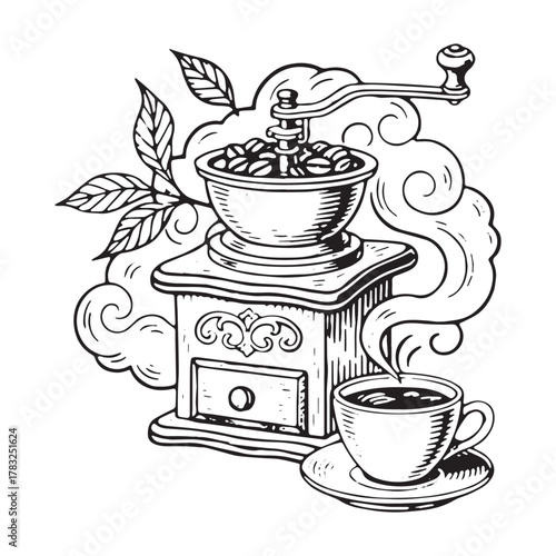 Vintage Hand Coffee Grinder and Steaming Mug Illustration.