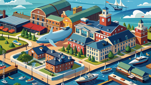 Very beautiful aerial view of the New Bedford Whaling Museum in the New Bedford Whaling National Historical Park, Massachusetts, USA, featuring historic downtown buildings, waterfront surroundings, 