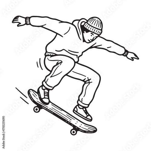 Vintage Skateboarder Doing Jump Trick Urban Streetwear Illustration.