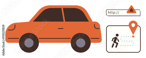 Orange car alongside a geolocation marker with a pedestrian and a traffic warning icon conveying smart navigation and safety monitoring. Ideal for transport, safety, navigation, technology, traffic