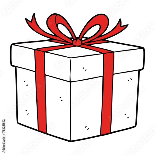 Festive Present with Red Ribbon: A classic white gift box adorned with a vibrant red ribbon, perfectly tied to enhance the anticipation of what's inside, symbolizing joy and generosity.