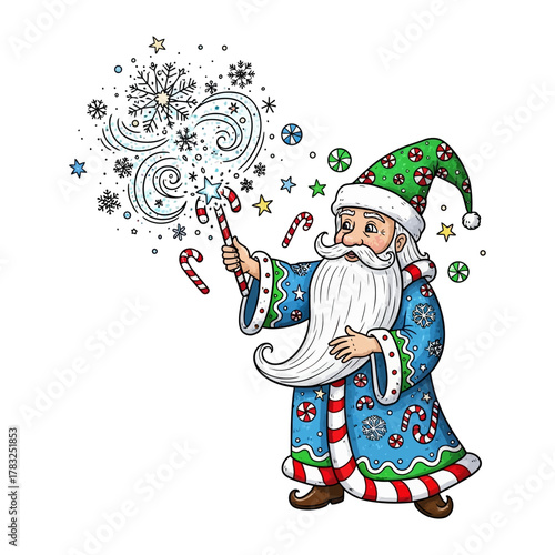 Magical Christmas: A whimsical depiction of a festive figure conjuring holiday cheer with a magic wand, surrounded by snowflakes, candies, and stars.