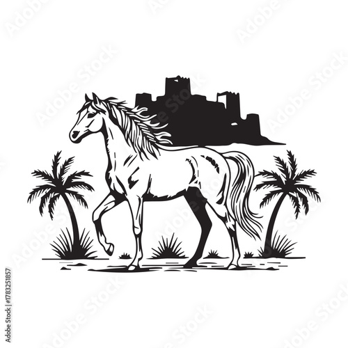 Vintage Horse Palm Trees Castle Landscape Emblem Illustration.