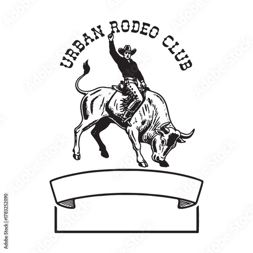 Vintage Cowboy Bull Rider Rodeo Event Banner Illustration.