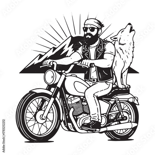 Bearded Biker Riding Motorcycle with Howling Wolf Companion.