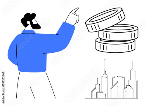 Businessman gestures to coin stacks, symbolizing financial goals, urban growth, and investment strategies. Ideal for finance, innovation, economy, leadership, wealth entrepreneurship and success