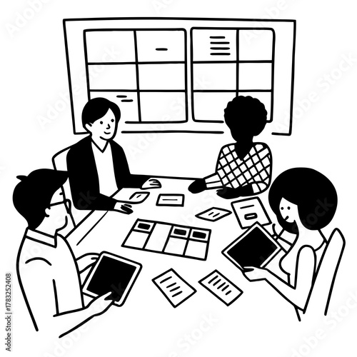 diverse team of professionals engaged in a website graphic design board meeting, sharing opinions on UX and UI design elements. Asian man, African American people, black, afro, caucasian female
