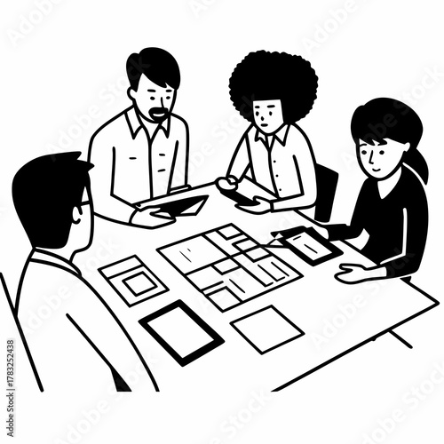 diverse team of professionals engaged in a website graphic design board meeting, sharing opinions on UX and UI design elements. Asian man, African American people, black, afro, caucasian female