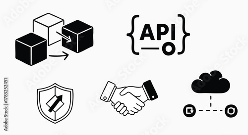 Modern digital technology business icons vector illustration flat design API cloud security network integration handshake development solution graphic