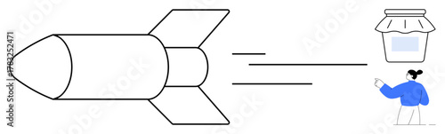 Rocket moving swiftly symbolizing progress, with a jar representing goals and a person guiding success. Ideal for innovation, growth, ambition, entrepreneurship, achievement, teamwork, simple flat