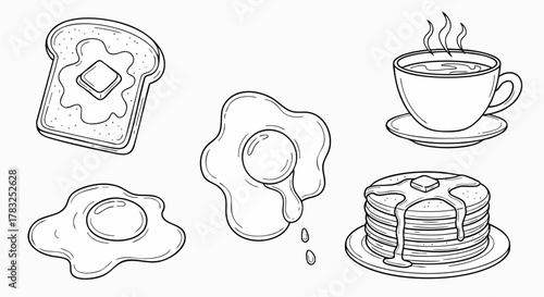 Hand drawn outline breakfast food items set illustration delicious eggs toast pancakes coffee syrup butter vector flat design cartoon