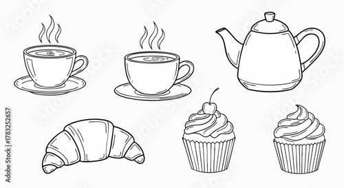 Hand drawn breakfast bakery coffee tea items vector illustration doodle sketch flat design collection cup teapot croissant cupcake
