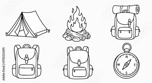 Simple outdoor camping adventure equipment line icons vector illustration flat design outline nature travel explore camp hike discovery journey wilderness