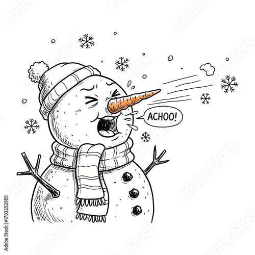 Snowman's Achoo: An illustration of a whimsical snowman caught in a sneezing fit, snowflakes swirling around.