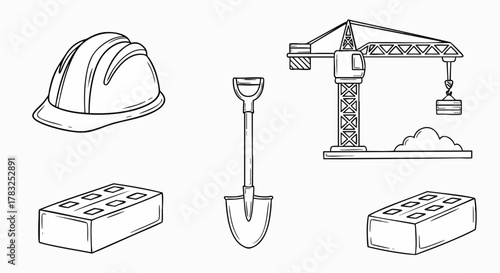 Outline drawing of essential construction site tools and equipment vector illustration flat design hardhat shovel bricks crane sand building