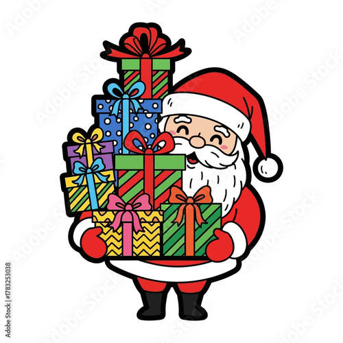 Santa with Festive Gifts: An illustrated Santa Claus, his cheerful face illuminated with joy, bears a generous armful of vibrantly wrapped gifts, ready to spread holiday cheer and excitement.
