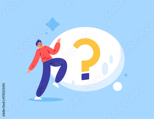 The concept of FAQs or frequently asked questions. Help center, consultation, and QnA center. Illustration of a man with a chat bubble and a question mark symbol. Flat style. Blue background.