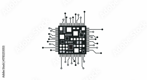 Detailed illustration of a central processing unit chip with intricate circuitry and pins.