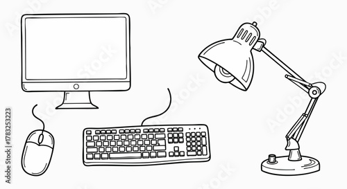Hand drawn computer monitor keyboard mouse and desk lamp vector illustration flat design technology office equipment doodle outline drawing