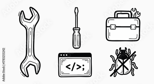 Collection of coding development and debugging tools hand drawn doodle wrench screwdriver toolbox code bugfix fix debug software vector illustration flat design
